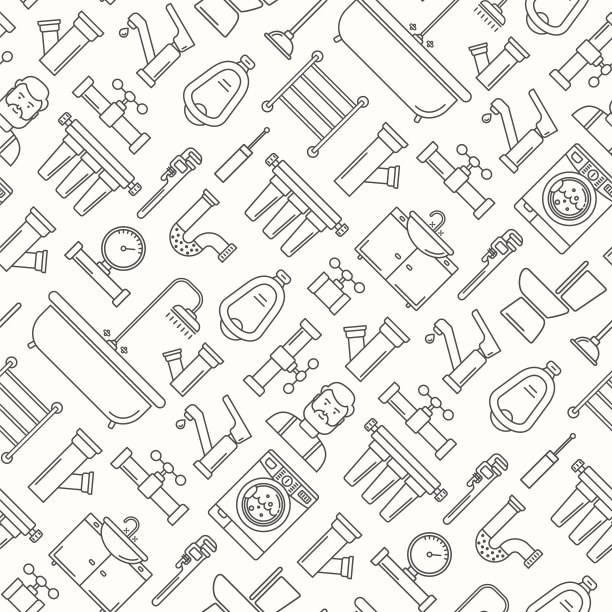 无缝模式与线条风格的管道图标。管道服务的细线背景。浴室图案与轮廓黑色图标上的白色。图片下载