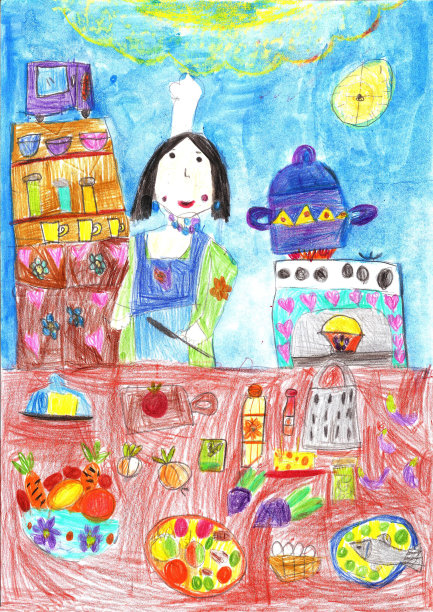 孩子画了一个快乐的女人在厨房做饭。儿童风格的铅笔艺术图片下载