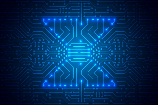 微芯片技术背景，蓝色数字电路板图案，光在沙漏形状图片下载
