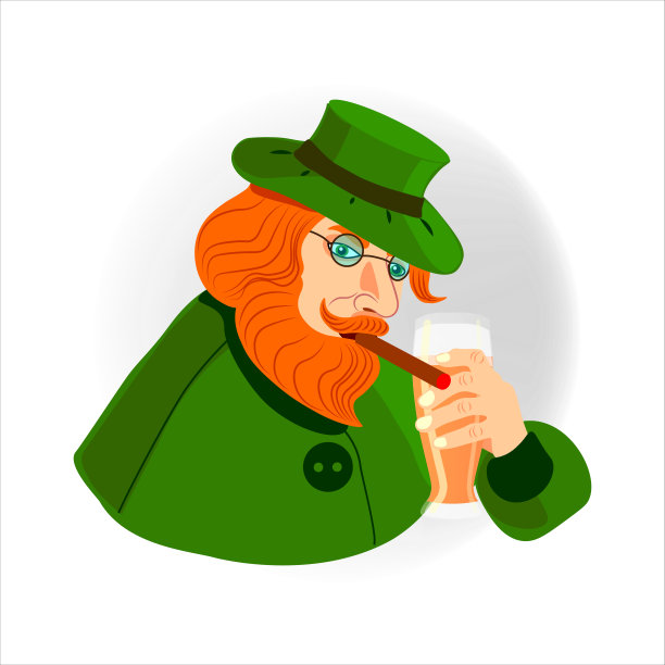 一个戴着眼镜的红头发胡子男人的肖像，戴着一顶绿色的帽子，喝着啤酒，抽着雪茄，穿着一套绿色的西装，背景是白色的。Icon.Isolated。矢量插图。图片下载