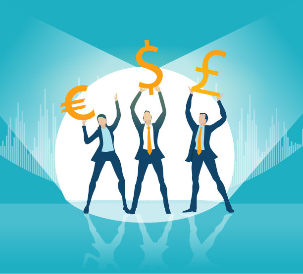 成功的商人举着货币符号，美元，英镑，欧元。共同合作概念，金融，银行和投资图片下载