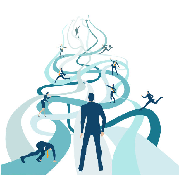 成功的人站在多条道路前面，做出正确的决定后采取行动。标志着巨大的投资和业务发展的积极进展。素材图片