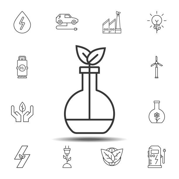 植物在烧瓶图标。简单的细线，轮廓向量元素的可持续能源图标设置用户界面和用户体验，网站或移动应用程序图片下载