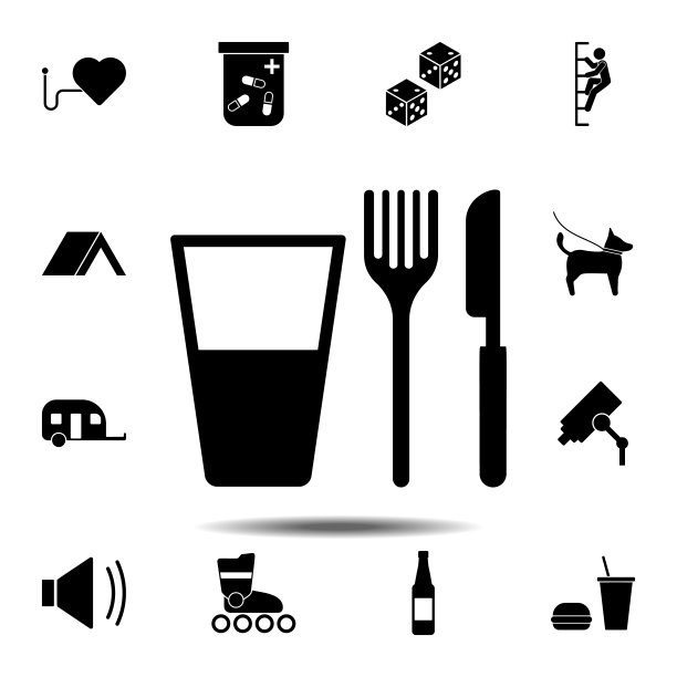 食物，玻璃，叉子，刀的图标。简单的字形，平面矢量元素的通用图标设置为用户界面和用户体验，网站或移动应用程序图片下载