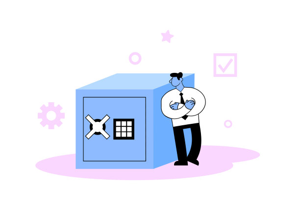 卡通商人站在大安全保险柜旁。平面向量插图。孤立在白色背景上。图片下载