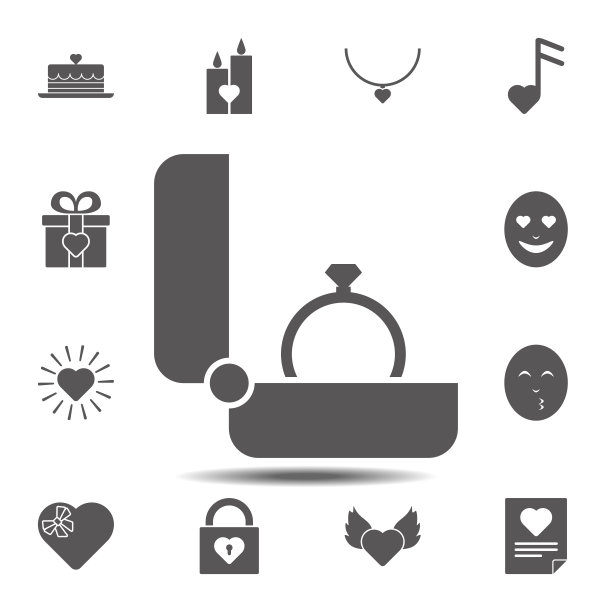 盒子里有一个钻石的戒指。简单的字形，平面矢量元素的情人节图标设置为用户界面和用户体验，网站或移动应用程序图片下载