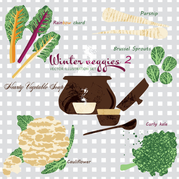 有趣的矢量纹理冬季蔬菜插图设置汤锅和碗。图片下载