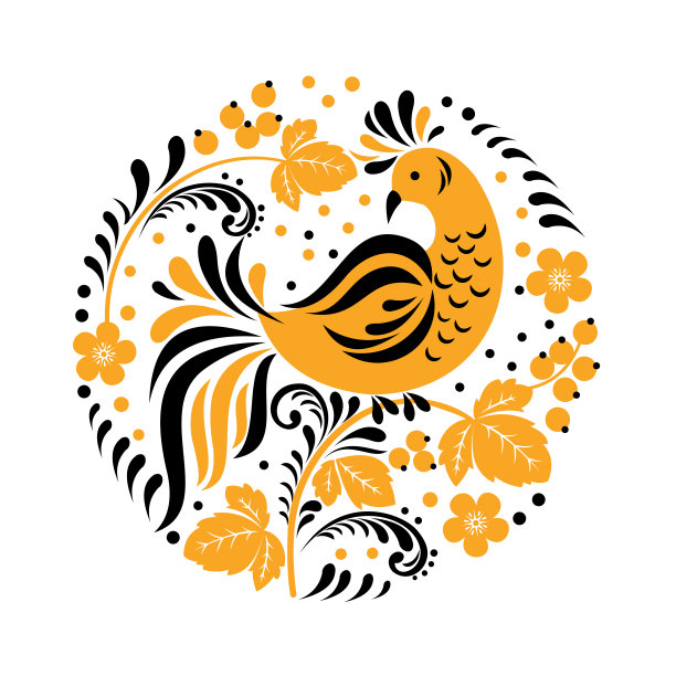 传统的俄罗斯装饰Hohloma鸟在树枝上孤立在白色的背景。图片下载