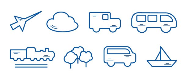 最小的城市交通图标集。飞机，公共汽车，火车，出租车，轮船和汽车标志。孤立在白色背景上。线的艺术。矢量插图。图片下载