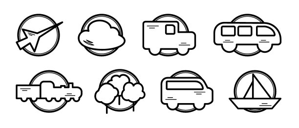 最小的城市交通图标集。飞机，公共汽车，火车，出租车，轮船和汽车标志。孤立在白色背景上。线的艺术。矢量插图。图片下载