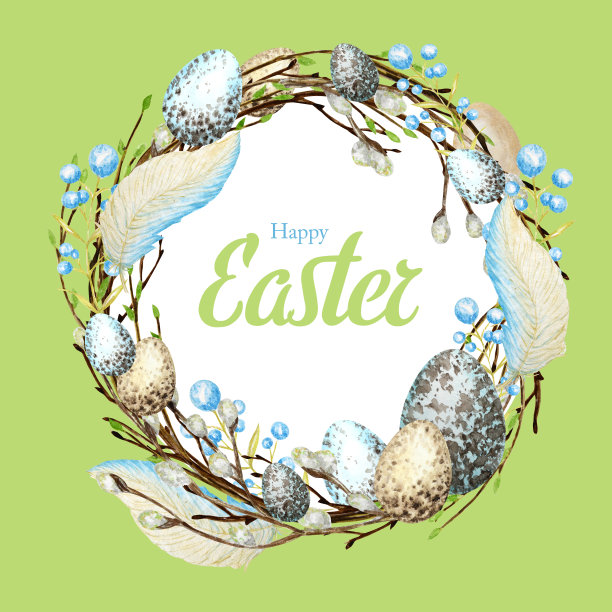 水彩春天快乐复活节花环与题词。手绘树枝与羽毛，鸡蛋，树叶，柳树框架插图。设计为邀请，贺卡，海报，印刷概念图片下载