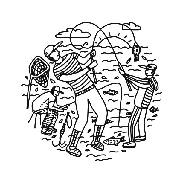 钓鱼垂钓渔民涂鸦矢量圆形插图图片下载