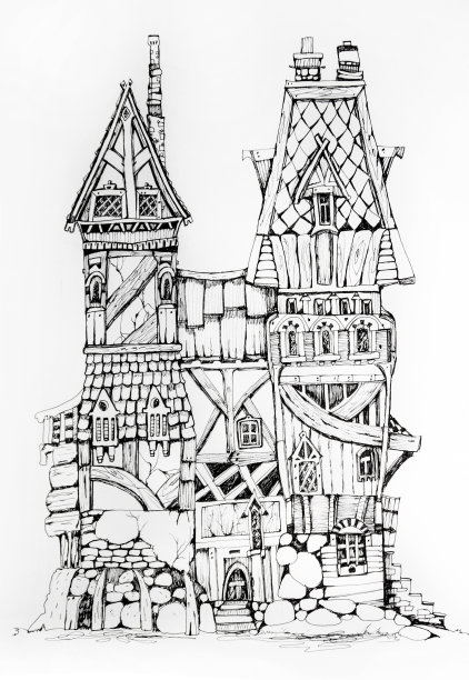 为概念艺术提供灵感的水墨画室收藏。神奇的村庄，童话般的房屋，梦幻的中世纪建筑。概念艺术。素材图片