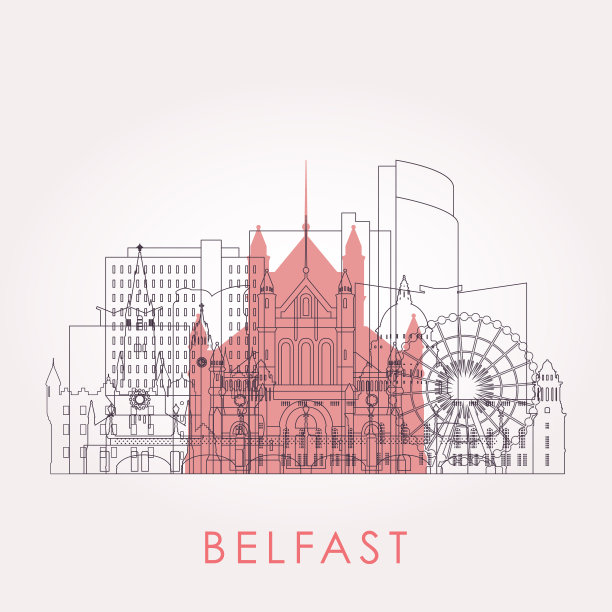 用地标勾勒出贝尔法斯特的天际线。矢量插图。商务旅游和旅游概念与历史建筑。用于展示、横幅、海报和网站的图像。图片下载