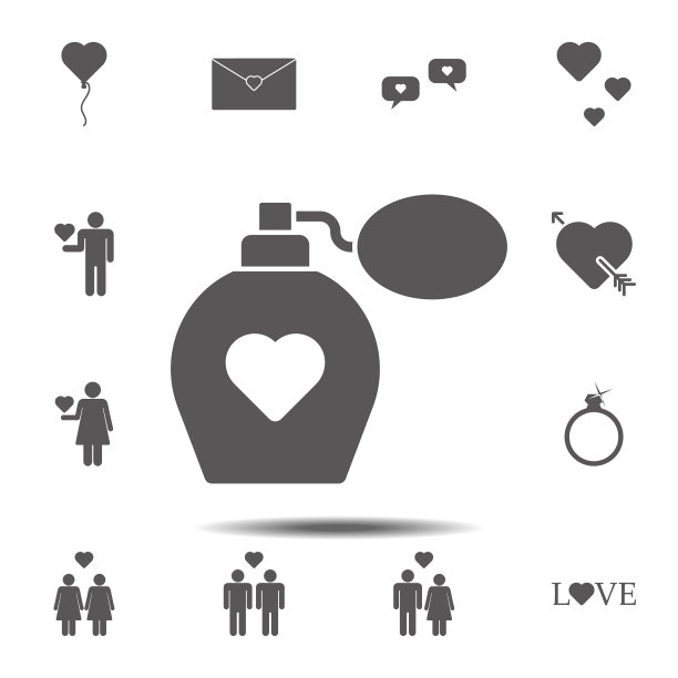 带有心形礼物图标的香水瓶。简单的字形，平面矢量元素的情人节图标设置为用户界面和用户体验，网站或移动应用程序图片下载