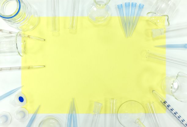 科学实验室俯视构图背景，含烧杯、试管等图片下载