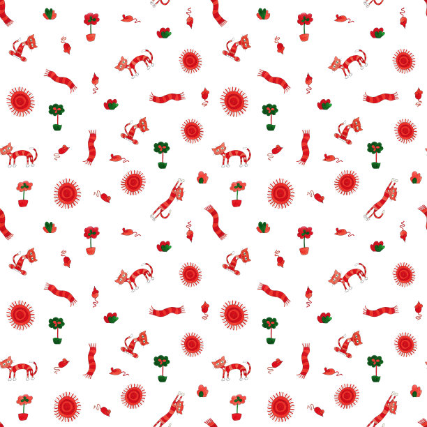 无缝图案温暖的猫热诚橙色姜阳光虎斑家垫，花，灌木和老鼠图片下载