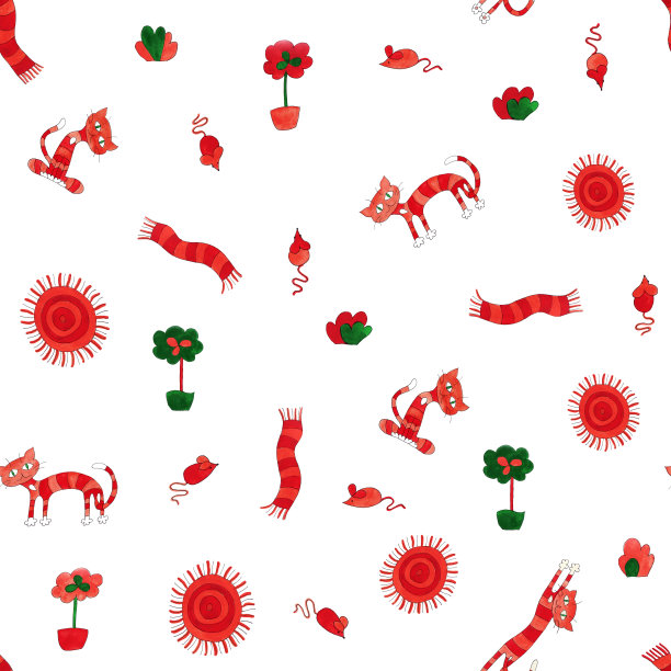 无缝图案温暖的猫热诚橙色姜阳光虎斑家垫，花，灌木和老鼠图片下载