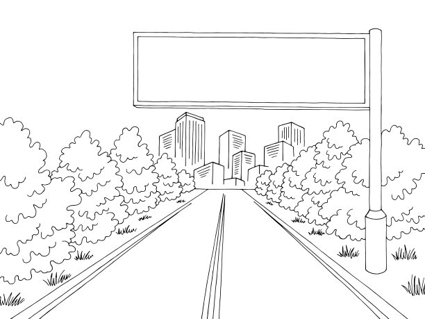 道路广告牌图形黑白城市街道景观素描插图矢量素材图片