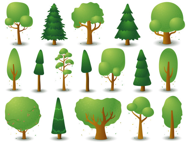 落叶和针叶树的大集合向量剪影。游戏UI持平。用于标识、游戏或卡片的风格化云杉图片下载