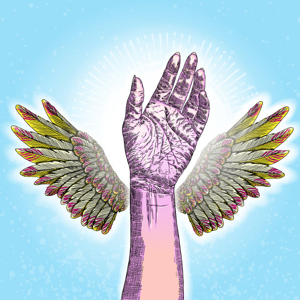蓝天背景下，志愿者的手举着天使的翅膀。监护人或保护者，助手的概念。向量图片下载