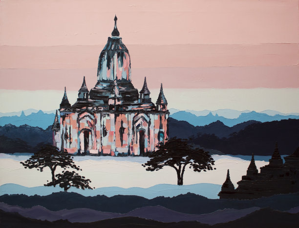 原画油画，蒲甘，缅甸，异教徒，帆布，极简主义，山水城市，现代艺术图片下载