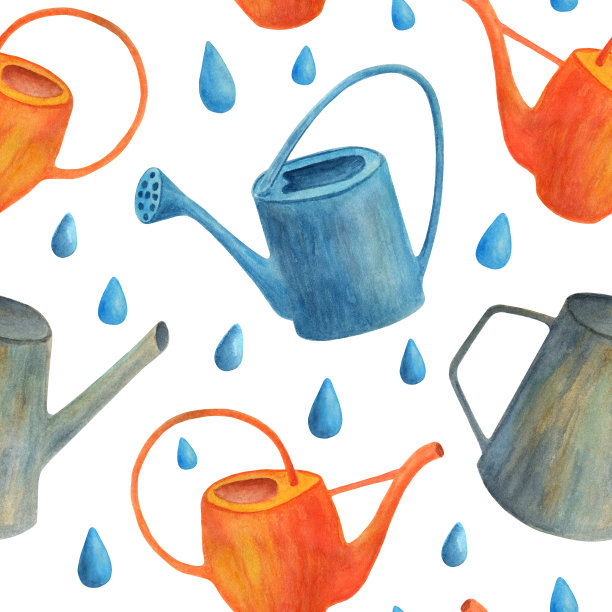 水彩喷壶，以水滴无缝图案。手绘可爱的园艺工具插图孤立在白色的背景。纹理卡片，设计，包装纸。图片下载