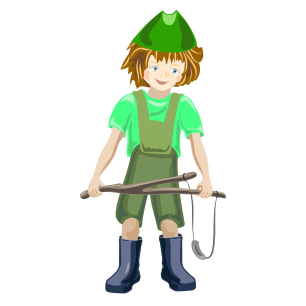 2月23日，小男孩头戴弹弓，脚穿胶靴，红头发，面带微笑，蓝眼睛，作为贺卡送给男人。儿童插图，有趣的卡通人物图片下载