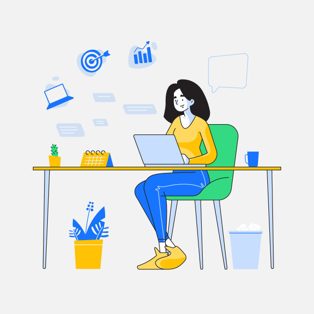 业务和工作区概念。时尚的年轻女性或女员工坐在现代办公桌旁，用她的笔记本电脑工作。业务相关的图标在她的头上，矢量插图图片下载