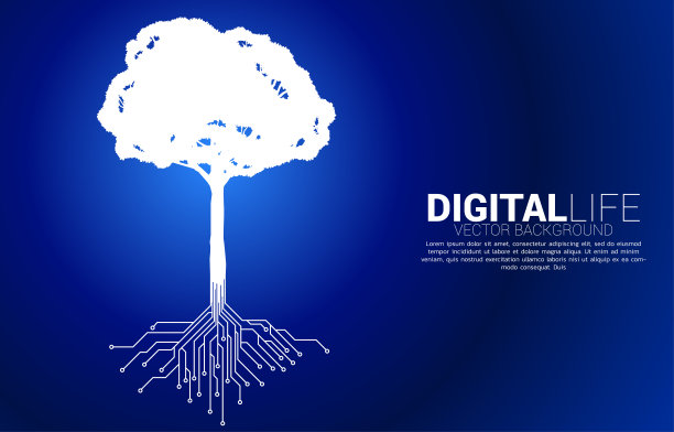 树用从数字线连接点线路板风格。图片下载