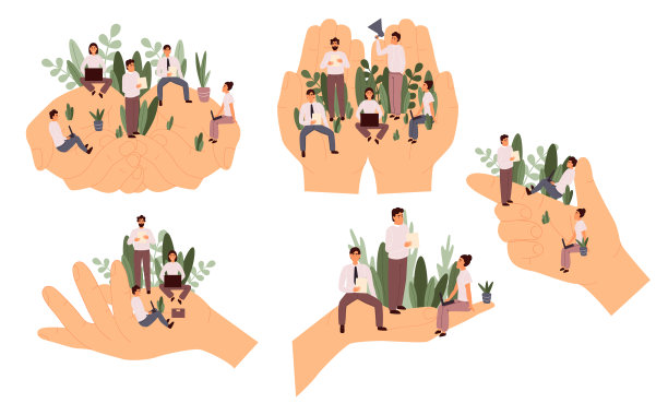 一双大手牵着小小的办公室职员。平面卡通矢量插图。图片下载