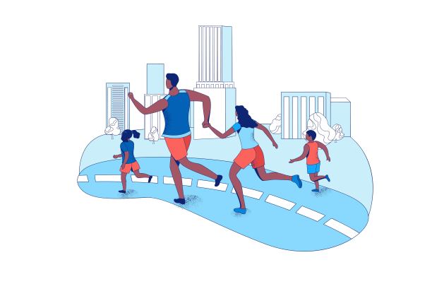 家庭一起在城里跑马拉松，父母和孩子一起参加户外比赛，卡通矢量平面插图与人慢跑图片下载