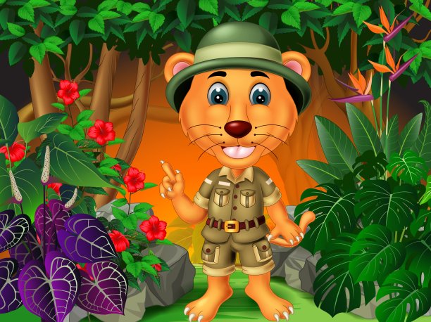 有趣的棕色狮子在森林与常春藤植物和花卡通图片下载