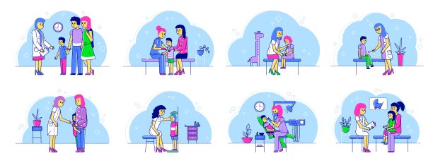 小儿科医生林医生带着孩子和母亲进行体检图片下载