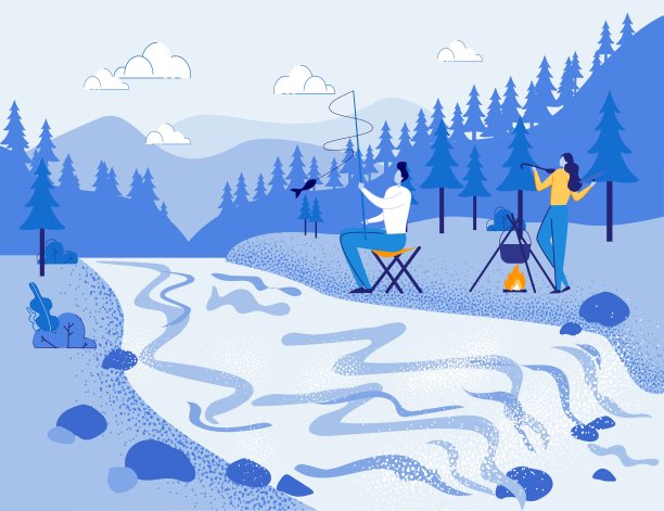 森林景观与河流和人捕鱼。图片下载