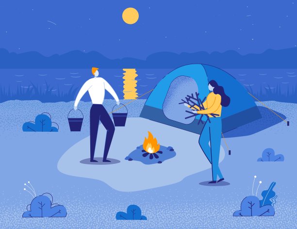 游客夫妇在森林露营旅行生火。图片下载