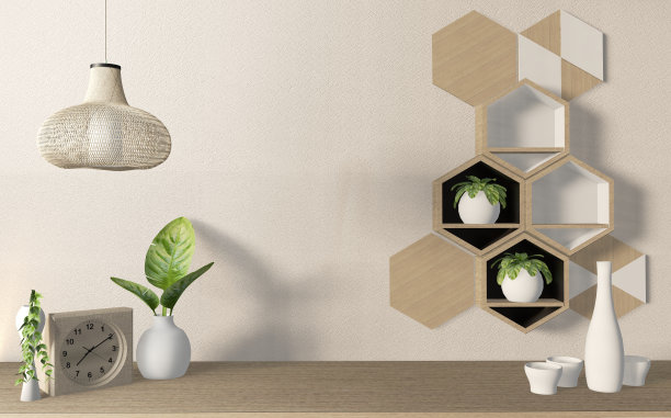 在现代空房的橱柜上设计日式和六角形瓷砖，墙壁上设计木质禅意风格，极简设计。三维渲染图片下载