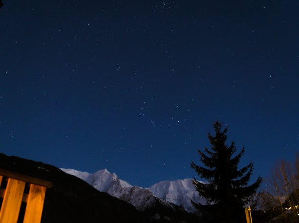 猎户座在勃朗峰和尖阁上，与冷杉图片下载