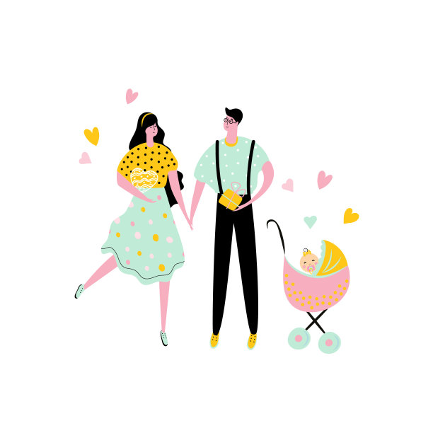 卡通风格的图标，一个快乐的男人和一个女孩在马车里的女人。图片下载