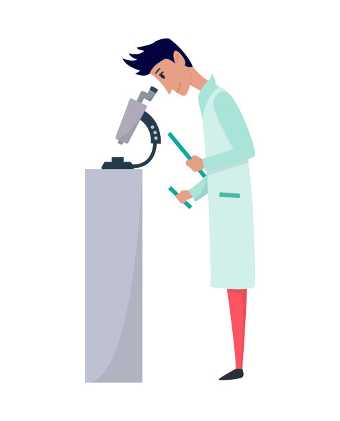 年轻科学家在实验室里扮演角色。在实验室里做博士研究。教授在显微镜下观察。刻板印象的科学家。矢量插图孤立在白色背景图片下载