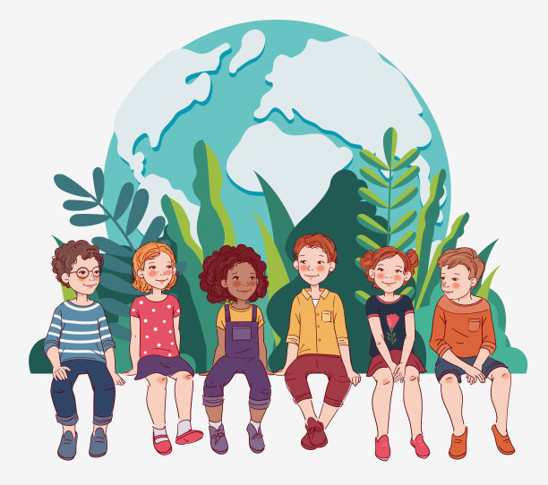 一群友善的孩子坐在白板上看世界地图。快乐的男孩和女孩。生态友好型生态理念。自然守恒矢量图图片下载