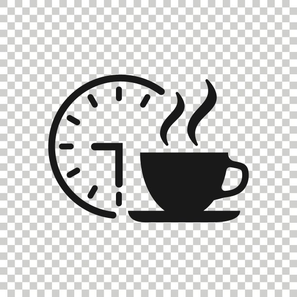 扁平风格的咖啡休息时间图标。带茶杯的时钟矢量图，白色背景。早餐时间商业概念图片下载