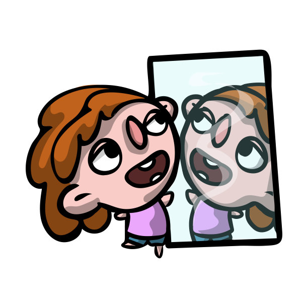 那个年轻美丽的女孩照镜子，在自己面前炫耀。图片下载