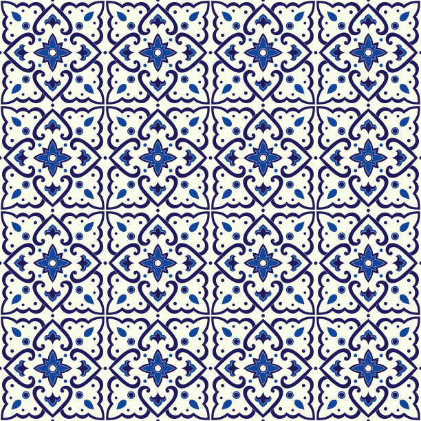 复古瓷砖图案矢量无缝与蓝色和白色的装饰品。荷兰代尔夫特陶瓷图案纹理。珐琅镶嵌背景图片下载