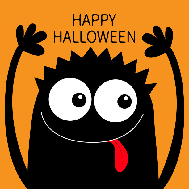 万圣节快乐。怪物头黑色的剪影。两只眼睛，头发，露出舌头，举起手。可爱的卡通卡哇伊有趣的角色。宝贝孩子收集。平面设计。橙色背景。图片下载