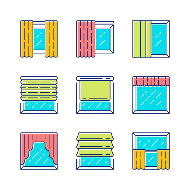 窗口百叶窗颜色图标设置。滚轴，罗马灯罩，镶板，吊篮，帷幔。电动百叶窗。房子和办公室的窗户装饰。家庭内部商店。孤立的矢量插图图片下载