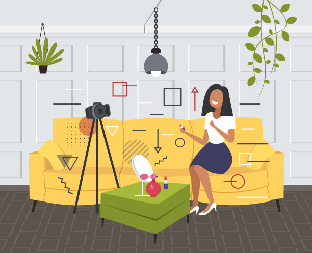 用口红的美丽博主女人展示趋势化妆教程记录在线视频与相机在三脚架博客概念客厅室内水平全长图片下载