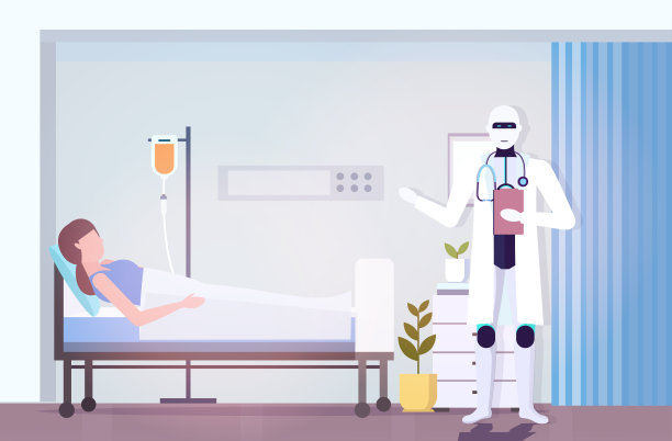 机器人医生看女病人躺在床上人工智能技术医学保健概念强化治疗诊所病房内部水平全长矢量插图素材图片