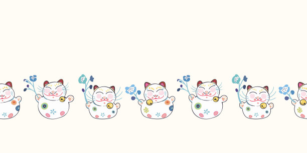 亚洲幸运猫花无缝爪边界。图片下载