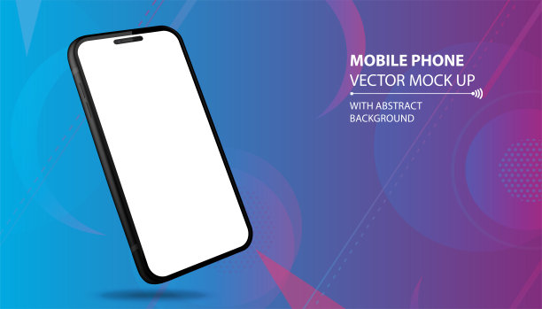 带有透视视图的移动电话矢量模型。黑色智能手机孤立在蓝色几何背景。图片下载